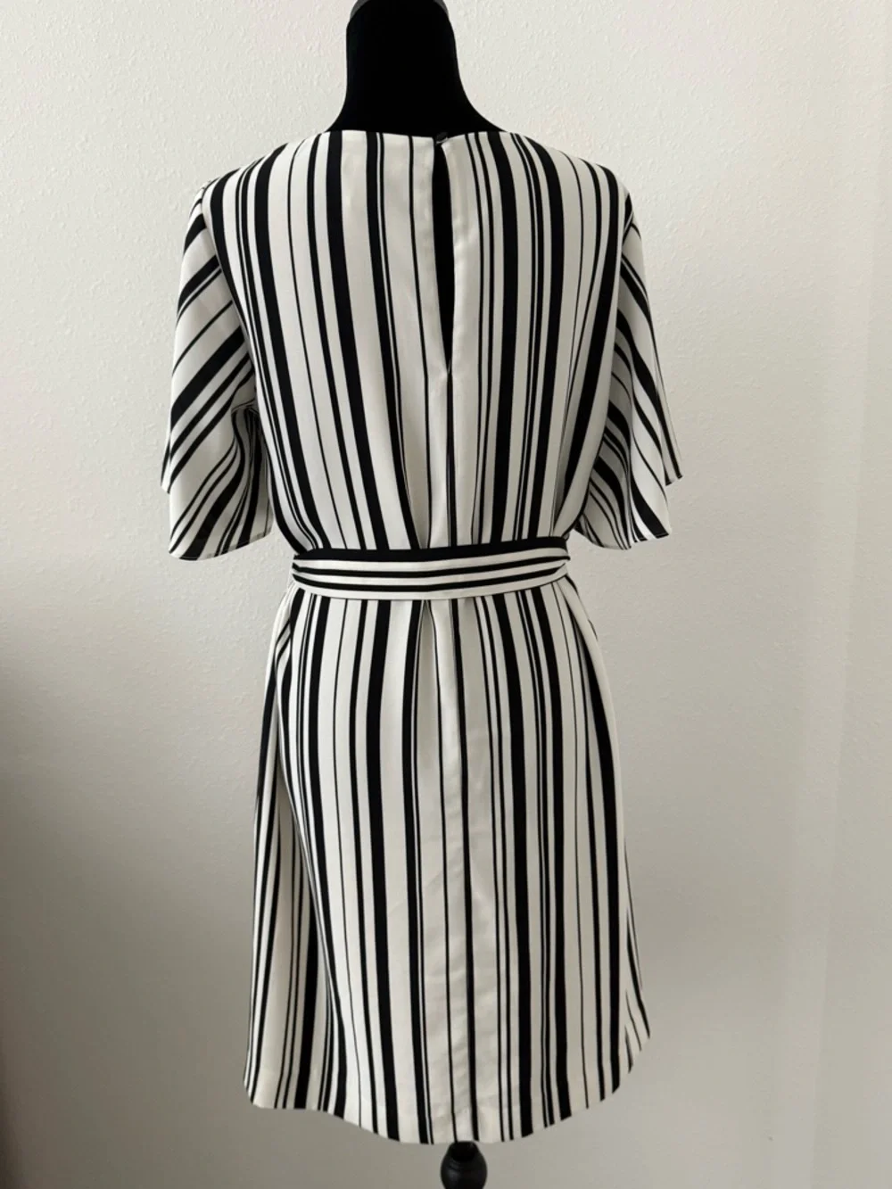 H&M Black and White Vertical Stripe Tie-Waist Mini Dress